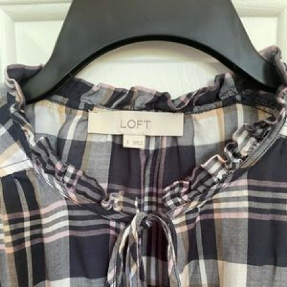 Loft plaid ruffled neck and sleeve top - Picture 4 of 4